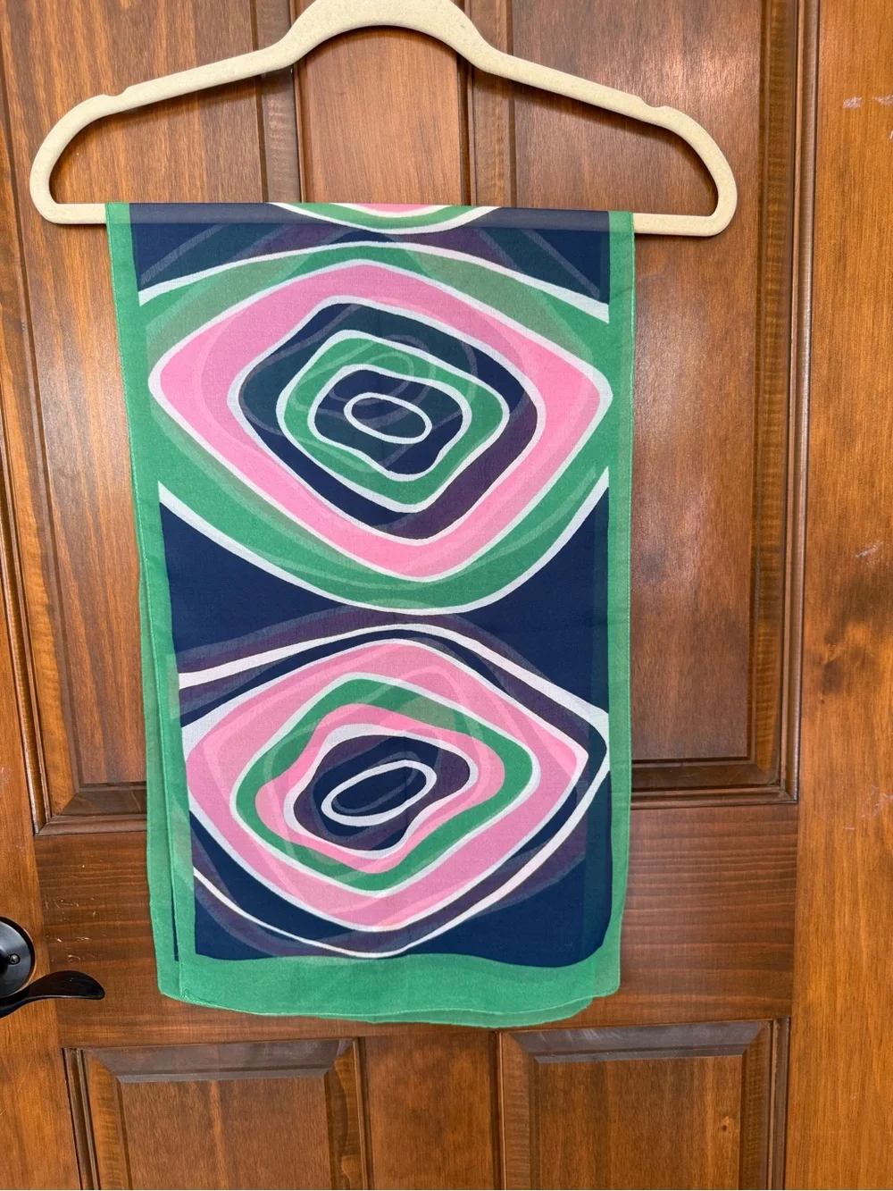 Geometric Pattern Silk-Feel Scarf in Green, Navy & Pink